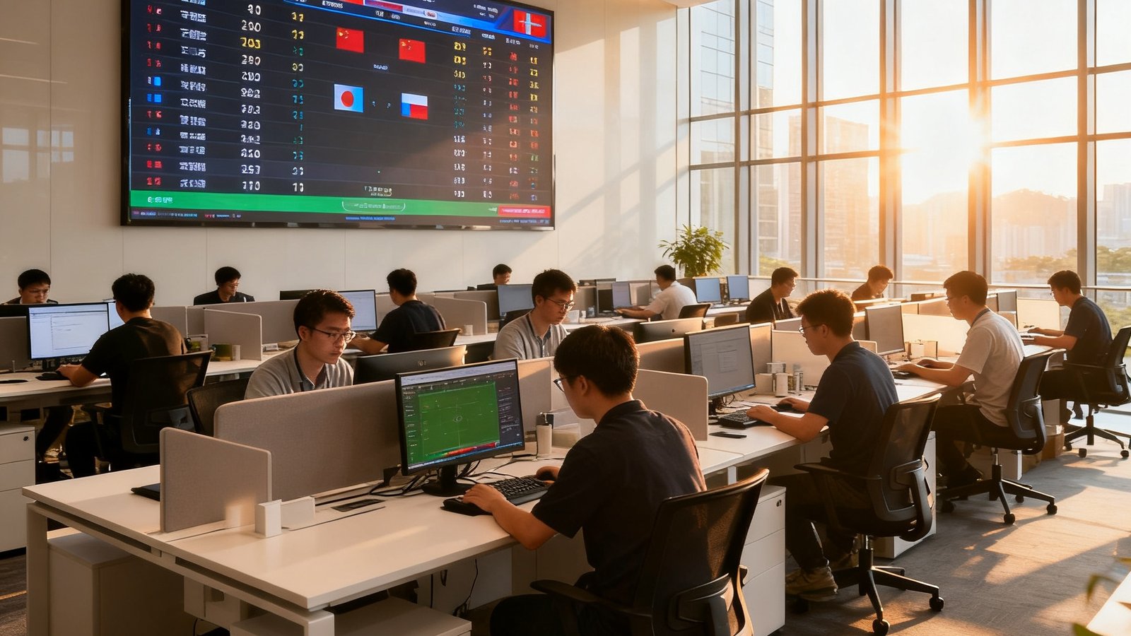 MK体育团队在深圳创新大厦开放式办公区的实拍场景，约30名员工坐在排列整齐的工位上专注工作，墙面悬挂着大型赛事时间表屏幕，阳光透过落地窗洒入室内。