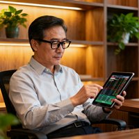 一位40岁左右的中年男性用户头像，戴着眼镜，在办公室内使用平板电脑浏览赛事数据，背景是书架和绿植，气质沉稳。